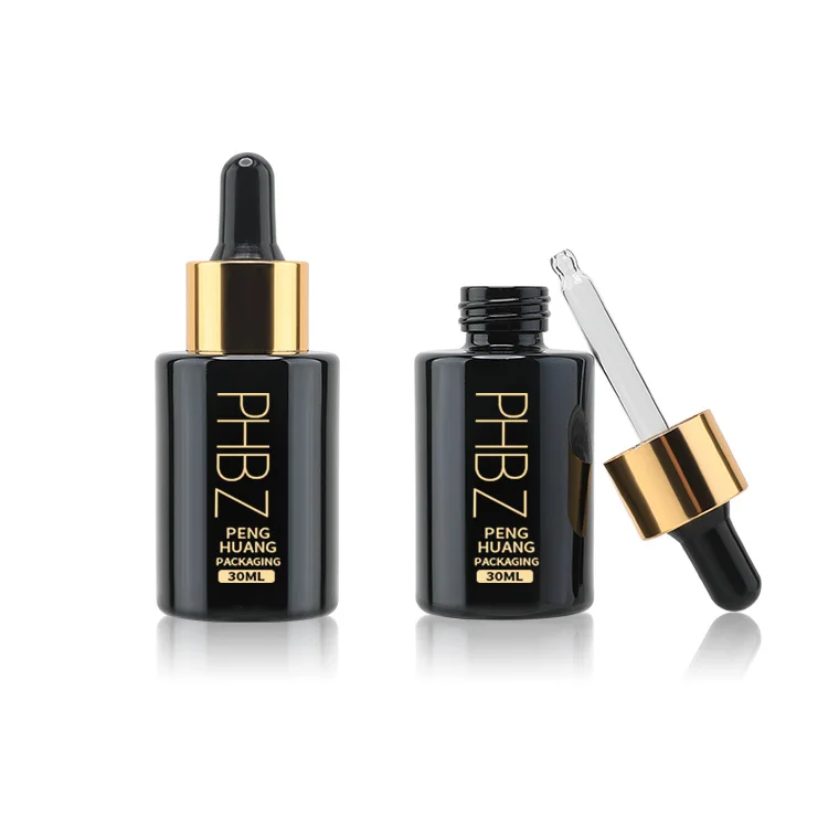 Custom amber black glass serum bottle 1oz 30ml skincare packaging face essential hair oil moisture dropper bottles cosmetic