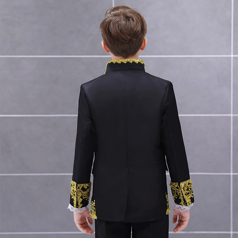 Black Red and White Fashion Retro Court Children Boys Suits Three Piece Embroidery Performance Prince Charming Cosplay Kids Suit