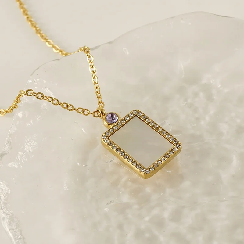 MECYLIFE Birthday&Christmas Gift 18K Gold Plated Square Natural Shell Jewelry Zircon Diamond Stainless Steel Birthstone Necklace