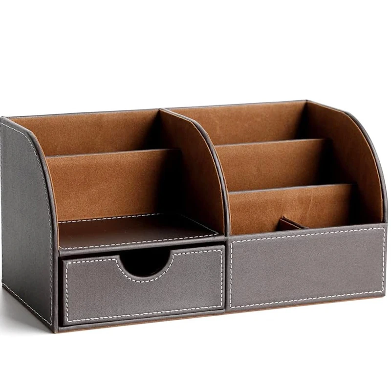 Mens Leather Desk Organizer Office Stationery Storage Box Organizer Holds Business Card Pen Pencil Mobile Phone Desk Supplies