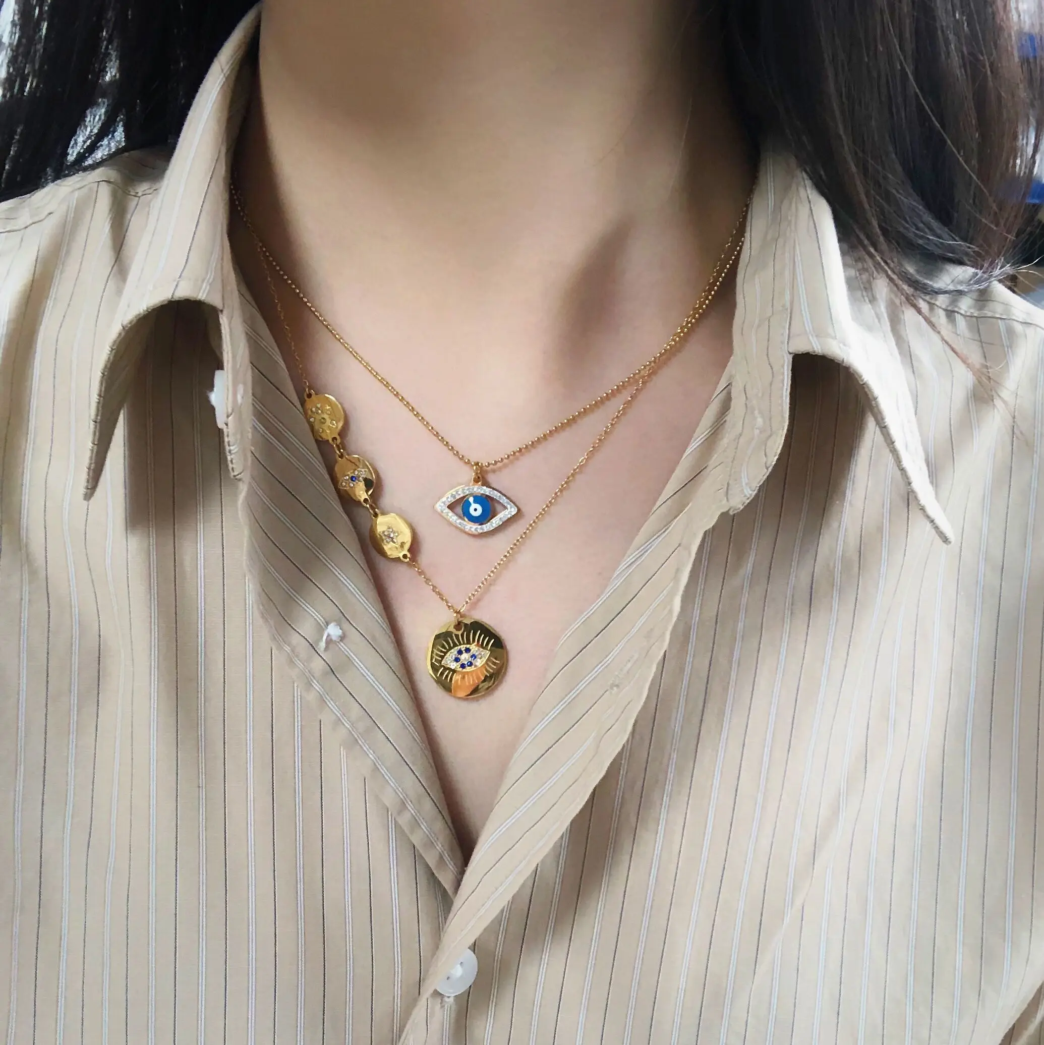 
Latest Fashionable Necklace Jewelry 18k Gold Plated Turkey Blue Evil Eyes Lock Pendant Necklace Hotsale 