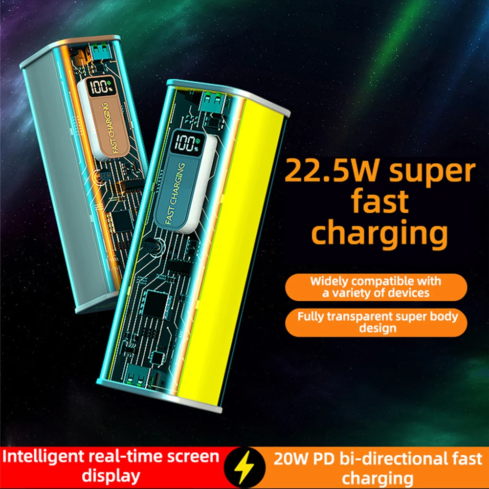Two Way PD20W 20000mah 22.5W QC PD PPS Multiprotocol Transparent LED Digital Display 21700 Battery DIY Fast Charge Power Bank