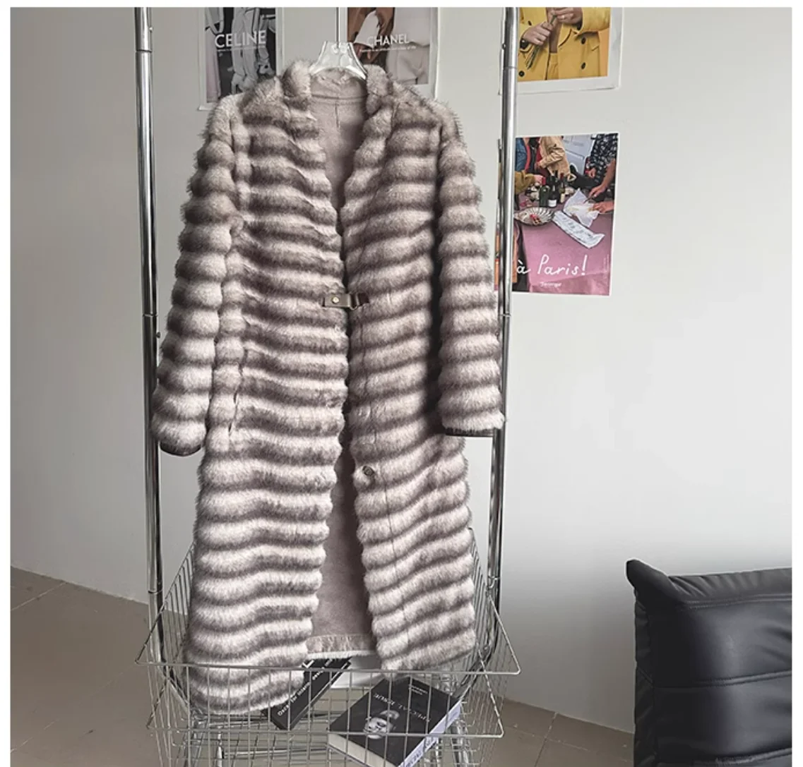 Winter Chinchilla  Fake Fur Long Jacket Women Long-sleeve Black  pattern Keep Warm Windproof  Plus Size Faux Fur Chinchilla Coat
