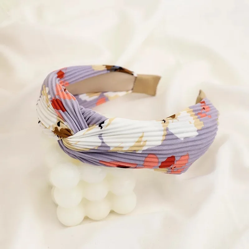 Korea Ethnic Style Hair Accessories Ladies Elegant Fashion Printed Pleated Cross Knot Handmade Headbands  For Girls & Women
