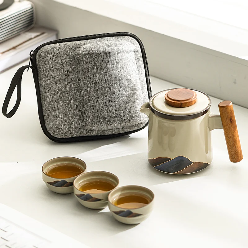 Chinese Grey Porcelain Travel Tea Set Portable Quick Cups with Infuser One Pot Three Cups for Outdoor Coffee