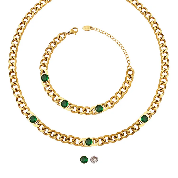 Custom Wholesale Ladies 18K Gold Plated Stainless Steel Korean Style Zircon Cuban Link Necklace Women Bracelet Jewelry Set