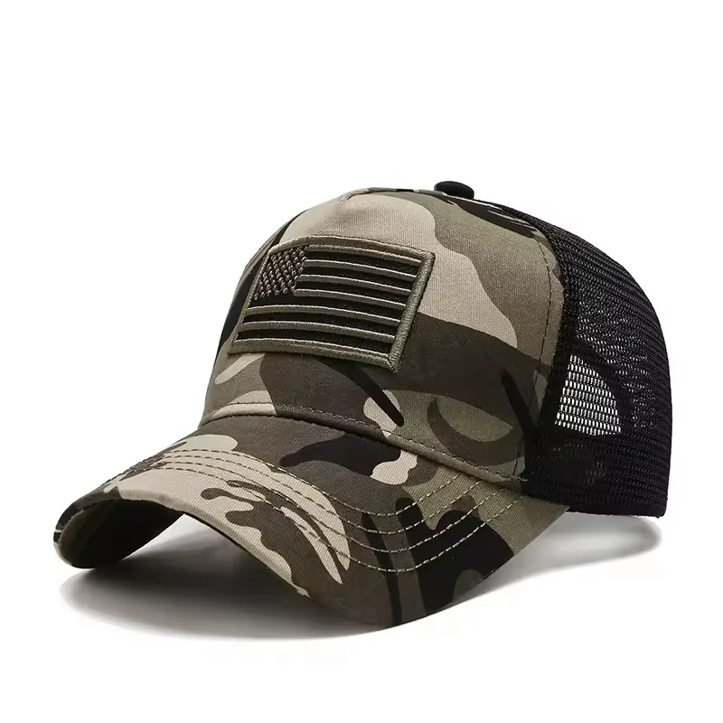 Fashion USA flag patch Camo Baseball Cap Outdoor Camouflage Sports mesh Trucker Hat custom