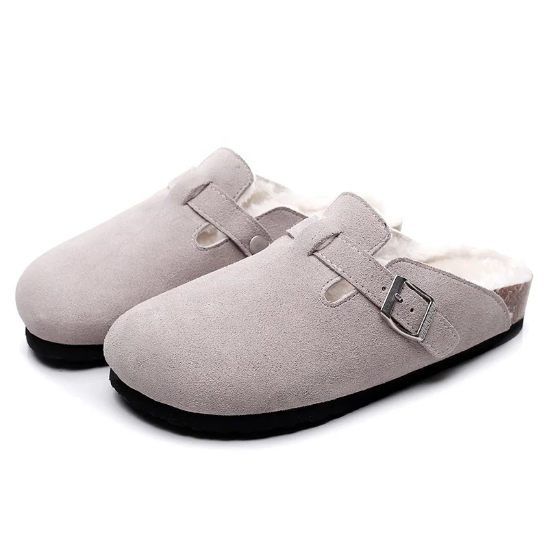 Winter Indoor Outdoor Warm Plush Lined Slip-on Closed-toe Shoes Slippers Faux Fur Lining Cork Clogs