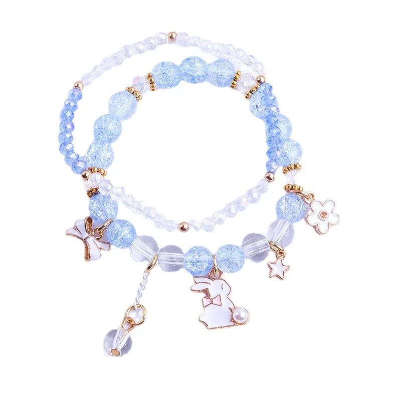 Sweet Cute 6mm Sea Blue Layered Natural Aquamarine Beaded Transfer Lucky Diamond Deer Charm Bracelets For Women Girls Gift