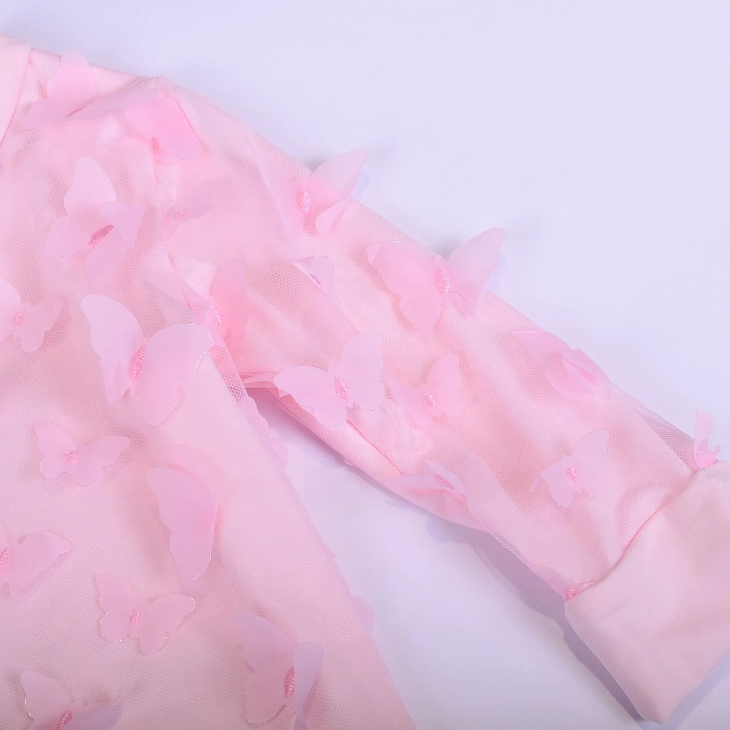 Custom Pink 3d Handmade Butterfly Patch Girls T-shirt 3D butterfly laser embroidery lace tulle fabric Girls T-shirt