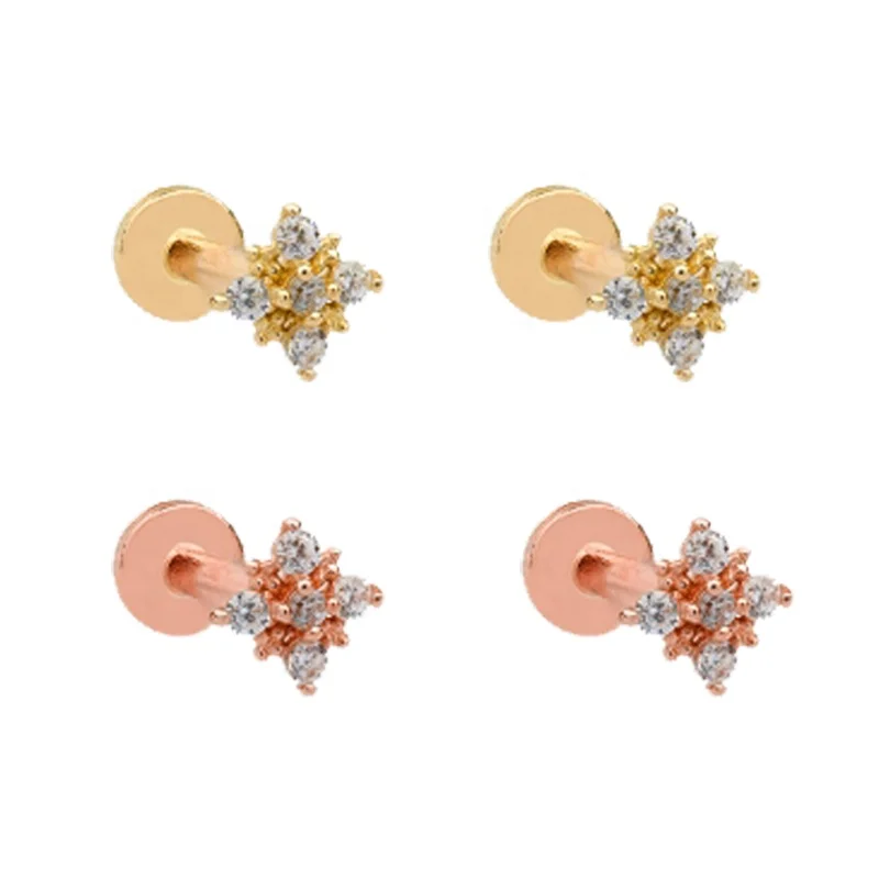 14k Solid Gold Gemmed  Threadless Labret  Stud  Helix Cartilage Lobe Tragus Daith Body Piercing Jewelry