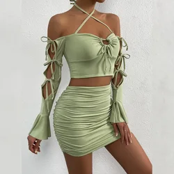 Новый модный дизайн расклешенный рукав с открытыми плечами из двух частей с вырезами сексуальное женское мини-платье для ночного клуба женские платья