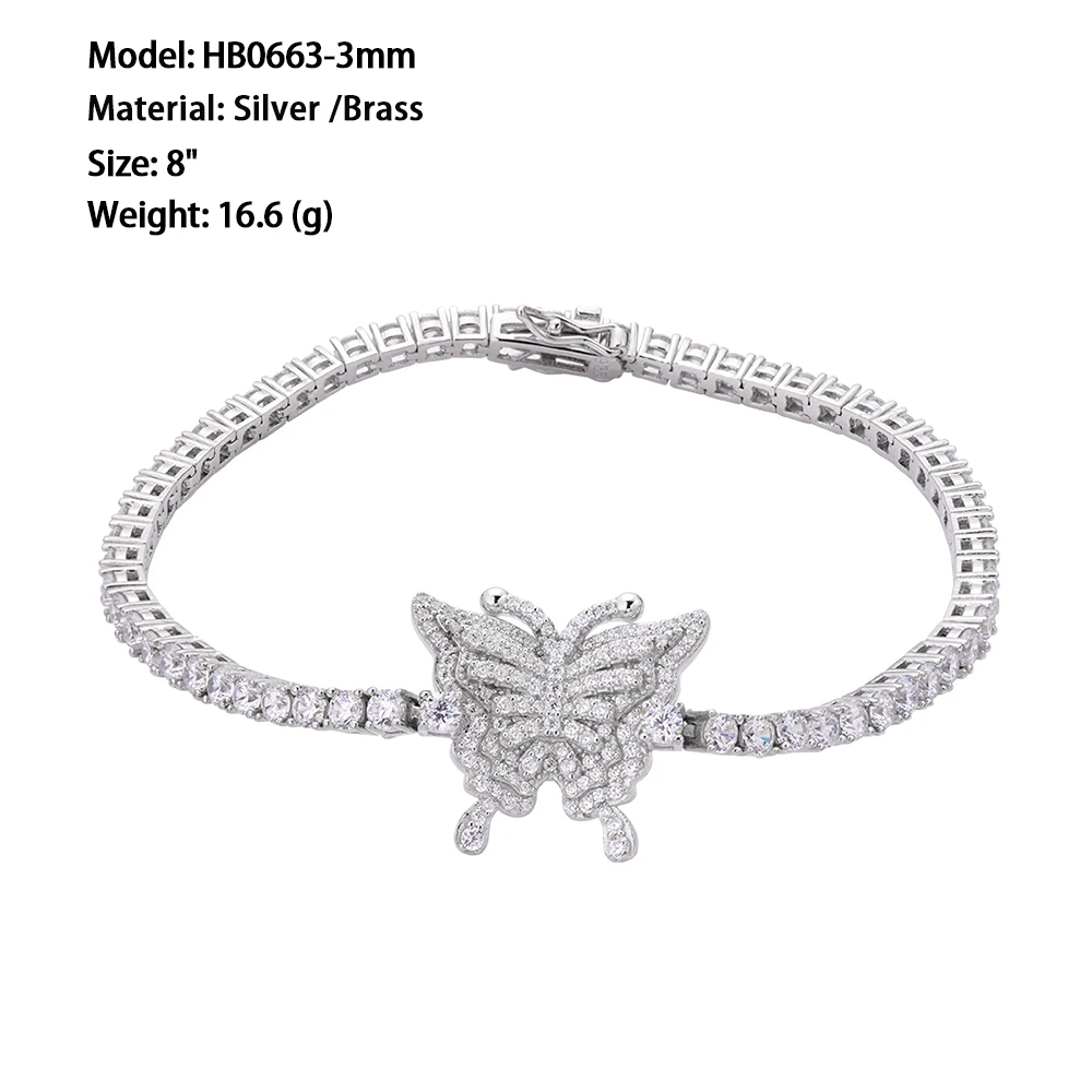 2024 Hot Hip Hop Jewelry 925 Sliver Iced Out Moissanite Bling Butterfly Tennis Cain Bracelet Bangles For Men