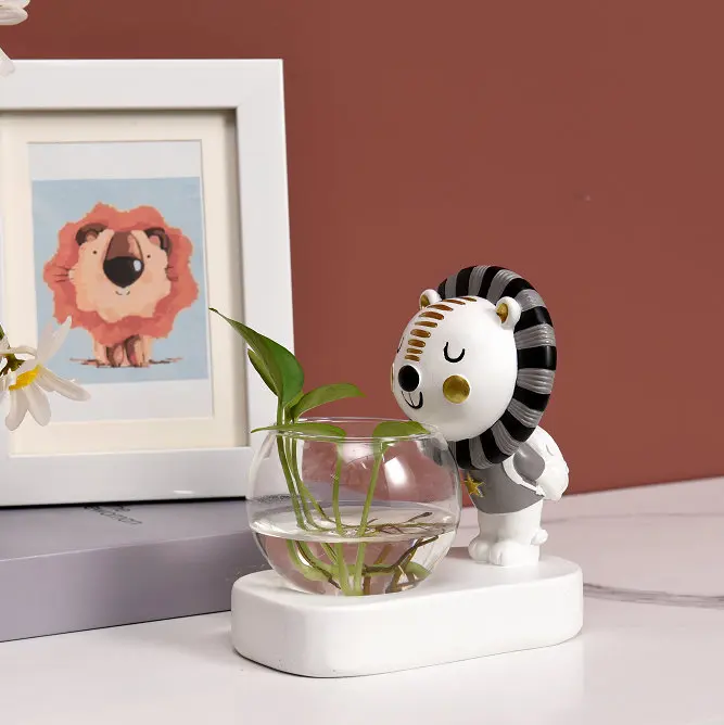 Newest Cute Animal Lion Flower Pot With Lighted Small Grass Vase Decoration