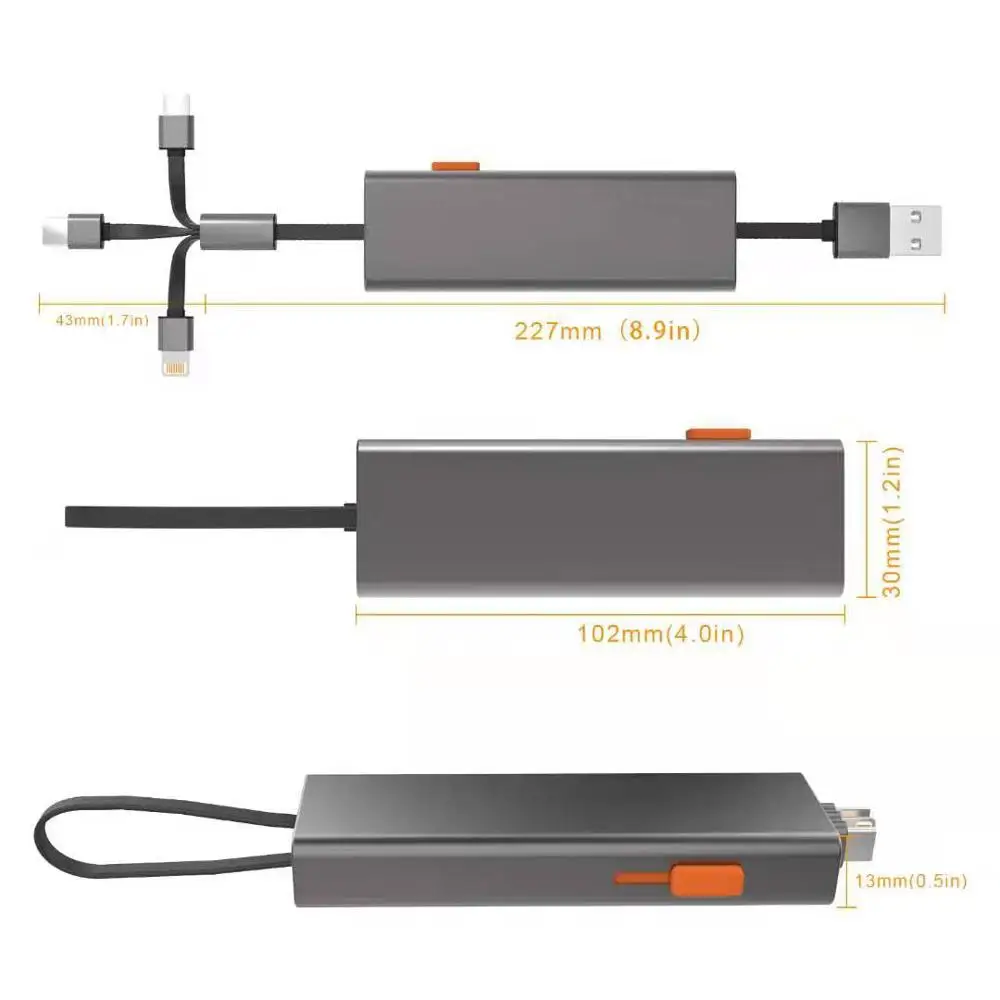 Metal TPE storage and portable cable 3 in1 Usb Charging Cable 2.1A Mirco Type C 8 pin for Android Samsung Huawei Mobile Phone