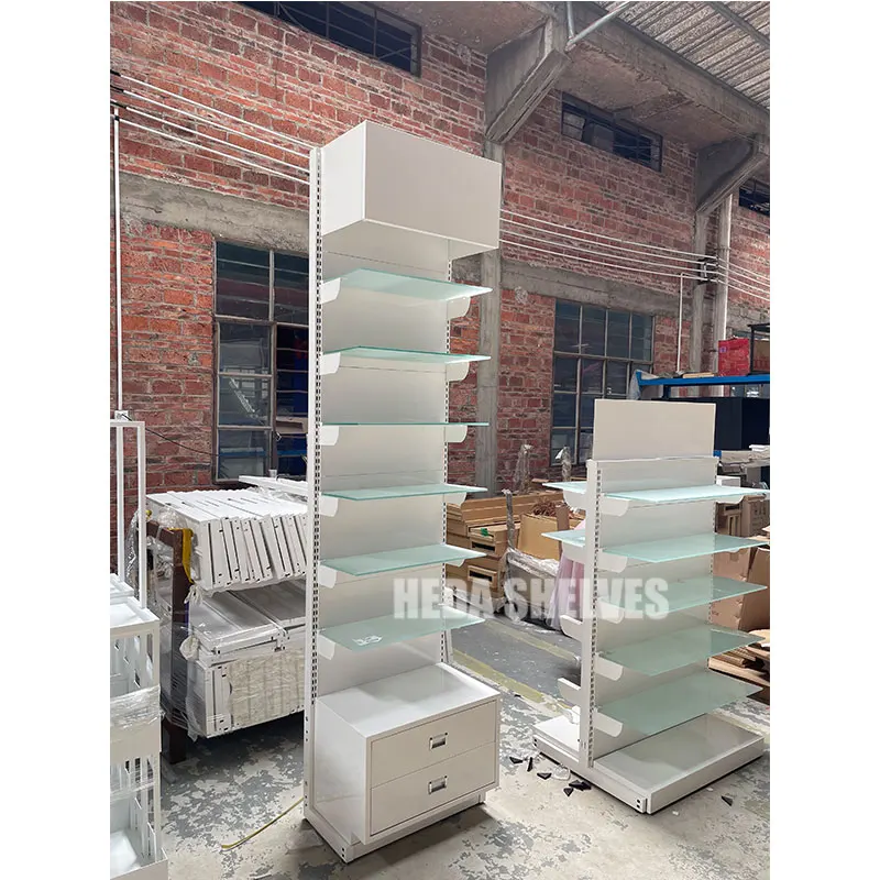 Store Display Rack With Glass Style Layer For Supermarket and Retail Store Gondola Rack