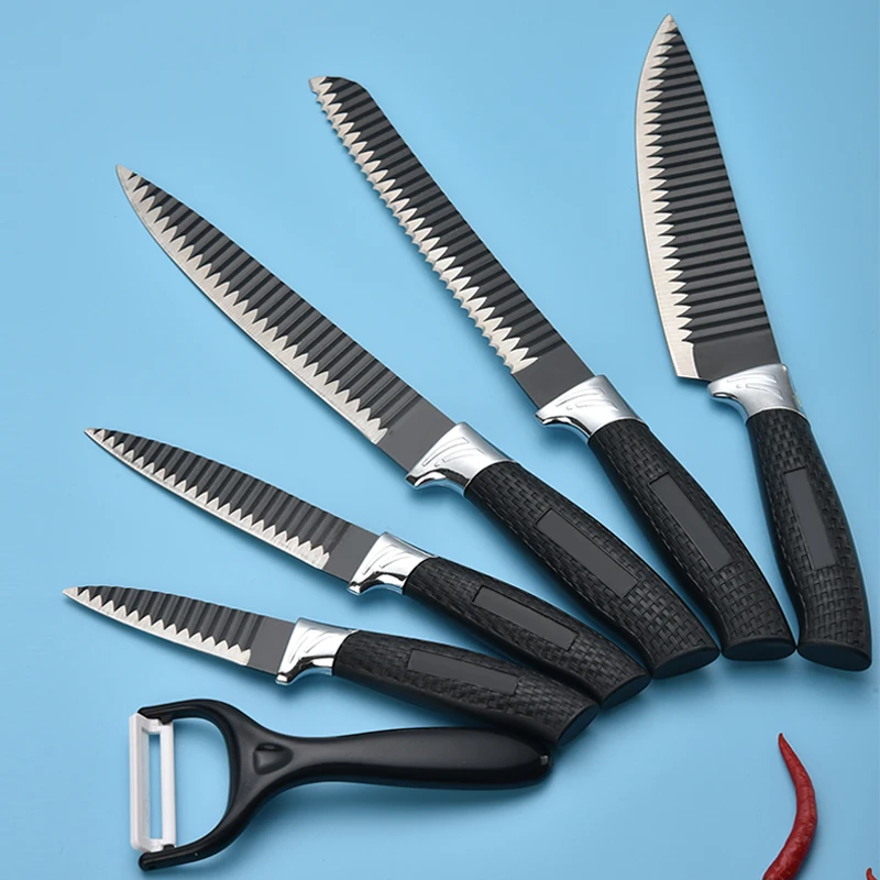 In Stock Wholesale 6 Pieces Kitchen Knife Set Banding Non-stick Coating Knife Set Plastic Handle Knives With Gift Box