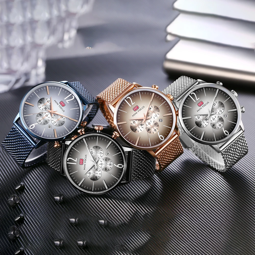 MINI FOCUS MF0114G Creative cool Watch Quartz Clock Blue Ultra Thin Mesh Strap Waterproof Chronograph Calendar vive Wristwatches
