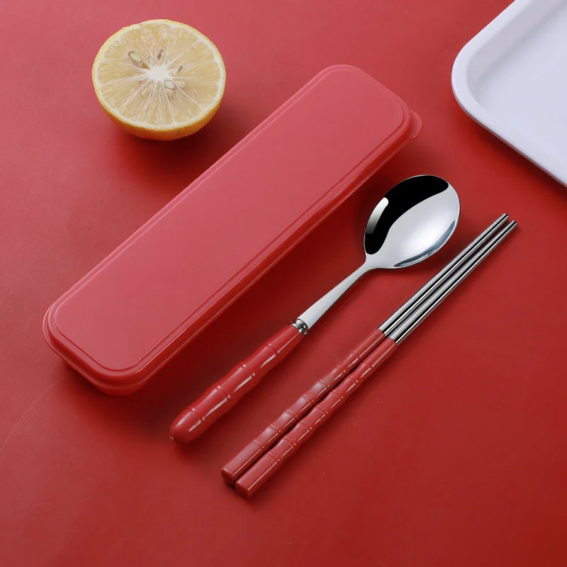 2 in 1 outdoor portable stainless steel spoon fork chopsticks set with pp box travel cutlery for school