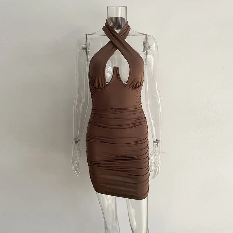 Wholesale Vestido Hollow Out Summer Halter Corset Top Plain High Waist Pleated Bodycon Mini Women Casual Club Evening Dresses