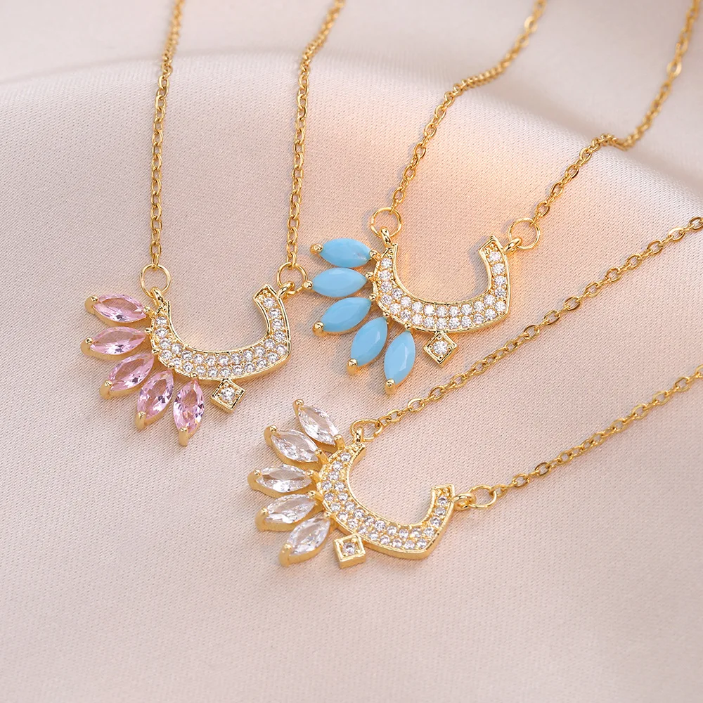 Red Green Turquoise Marquise Zircon Arabic Letter Pendant Necklace 5A CZ Bling Thin Chain Women Jewelry