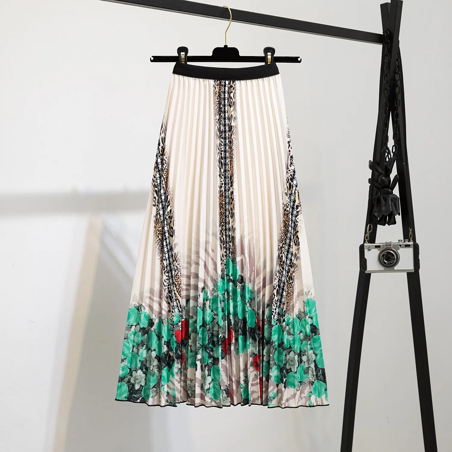 Fashion Print Women Elegant Skirt High Waist Pleated Midi Dress New Lady Spring Summer A-Line Skirts