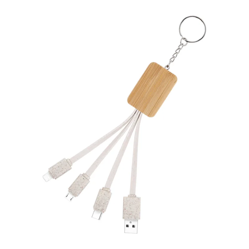 Gift Design Oem Logo 4 In 1 5v 2a Fast Charge Cable For Iphone Eco Friendly Bamboo Keyring Usb Charger Cable