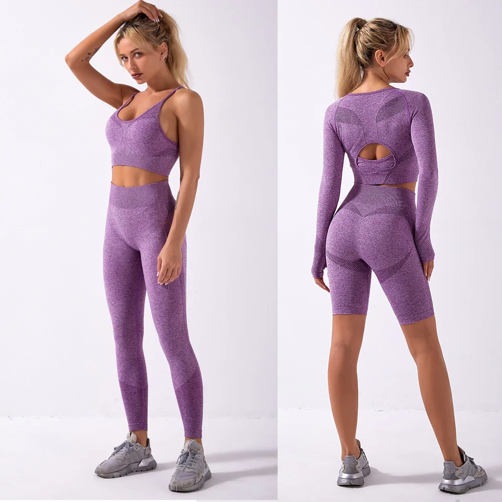 Seamless Yoga Long Sleeve Crop Top High Waist Legging Gym Set Sports Bra Biker Shorts Fitness 4 Pieces Set For Women