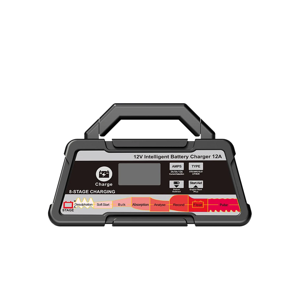 12V 24V Ebike Battery Charger, 2A/3A/6A/8A/12A Portable Smart 8-Stage Storage Accumulator Cell Battery Charger