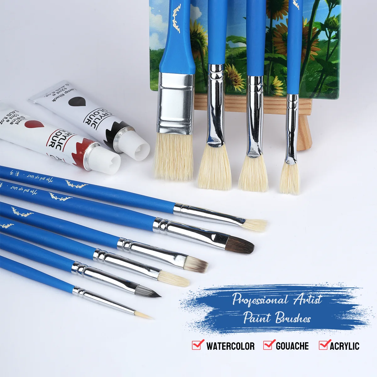 Professional 10 Pcs Artist Watercolor Sable Paint Brushes Round Tip Flat Dagger Oval Wash For Detail Watercolor Painting