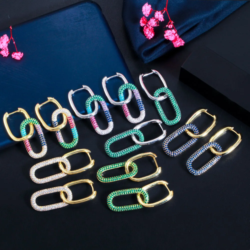 
Euro American fashion hip hop geometric retro earrings micro set zircon color diamond double ring locking earrings stud 