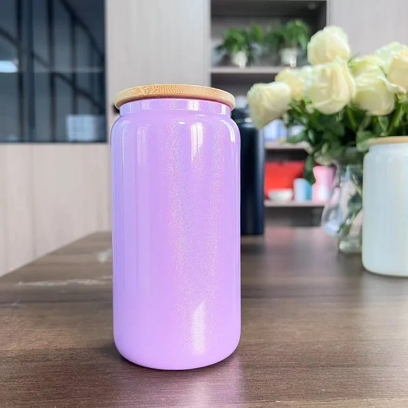 12Oz 16 Oz Double Wall Sublimation iridescent Glass  Beer Can Cup Jar With Bamboo Lid And Straw