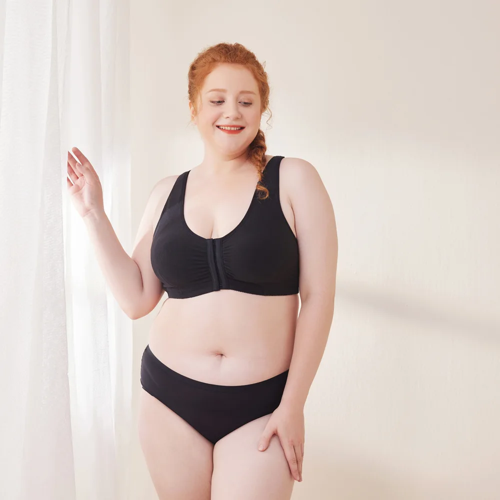 plus size front buckle post surgery underwear wireless thin bra with a pocket adjustable cotton  thick shoulder strap bra