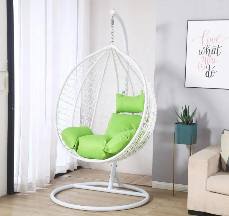 Plastic PE rattan gold leg frame iron metal Basket cushion seat egg Hanging chair patio swing set