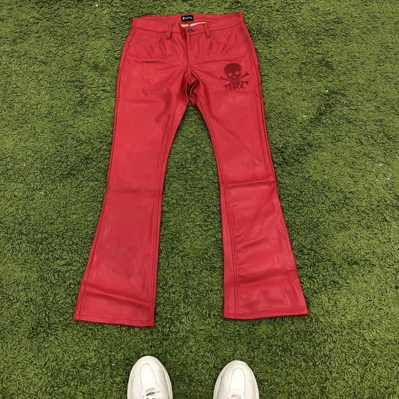EDGEDENIM Embroidery logo Fleece Lining Black Red Leather Stacked Flare Pants Men