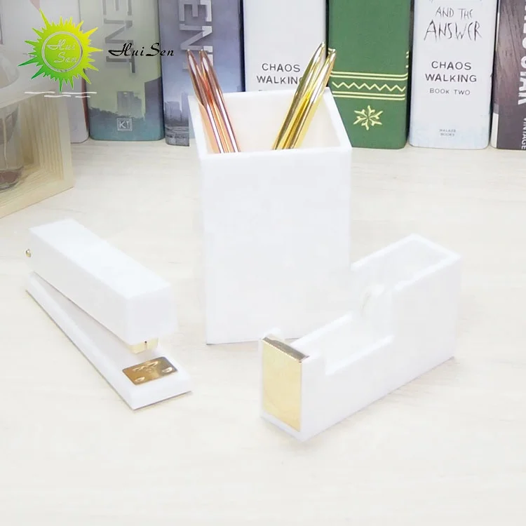 Foshan supplier HUISEN white acrylic office table accessories and desk top stationery set organizer