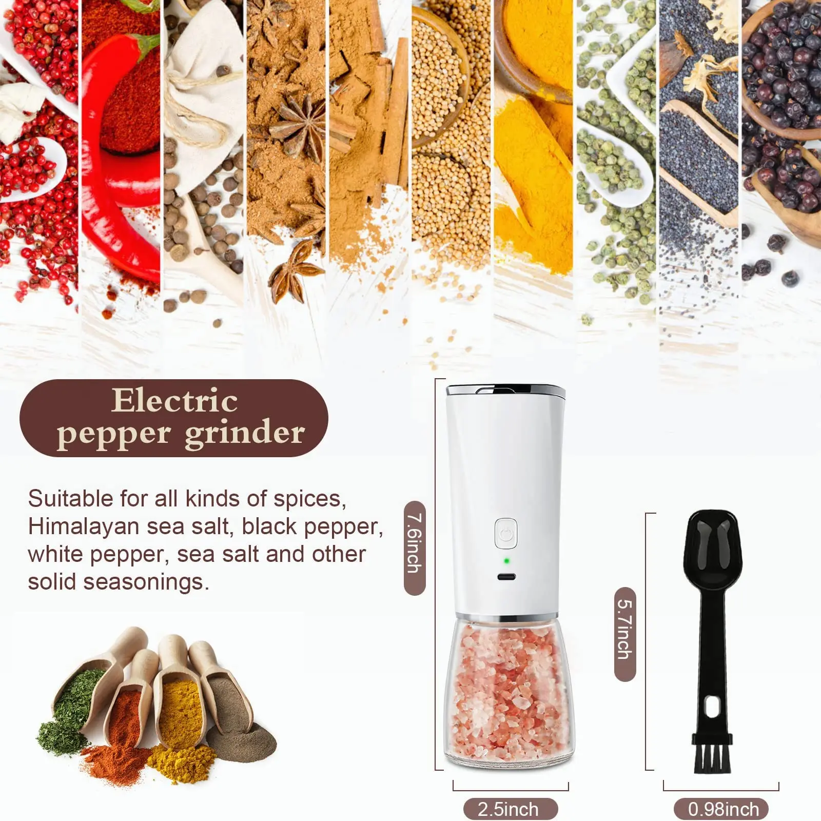 Beeman Cylindrical Electronic Adjustable Hand Grinding Ceramic Glass Gravity Electric Salt Pepper Mill With Light