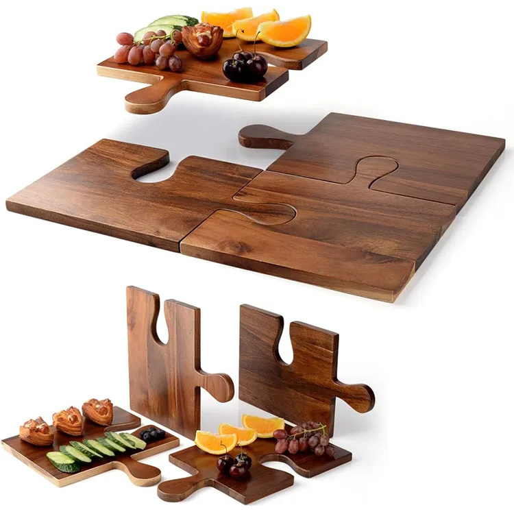 Wholesale OEM Acacia Wood Cutting Board Set of 4 Acacia Wood Large Charcuterie Boards Set with Puzzle Handles Chopping Boards