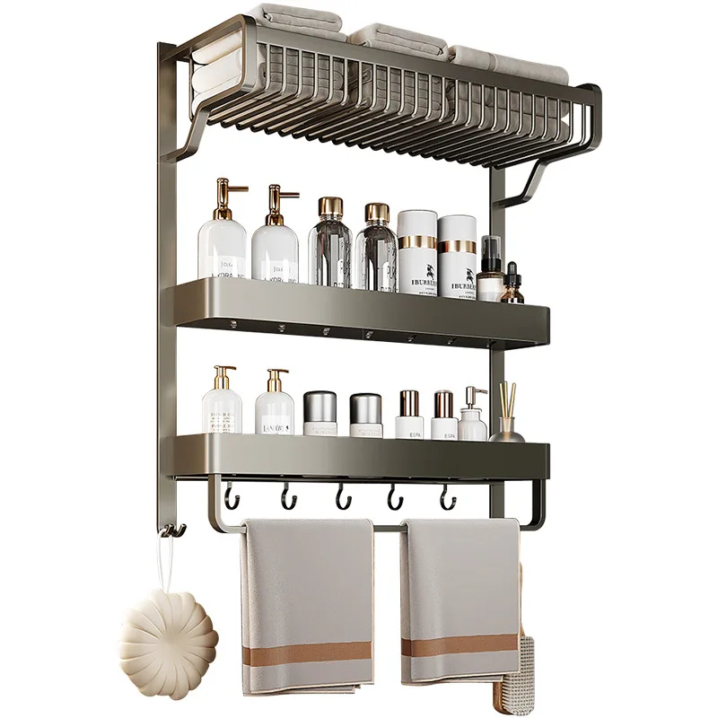 Factory Multifunction 3 Tier Towel Rack Wall-Mounted Bathroom Accessories Towel Storage Shelf Aluminum Towel Bar Shelf with Hook