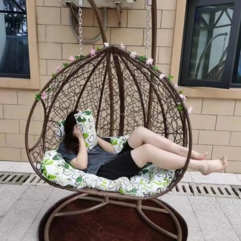High quality double pole bracket outdoor garden rattan swing double hanging chair with big cushion