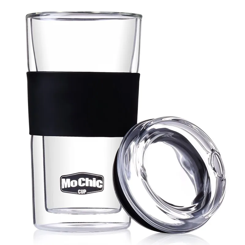 Double Wall Glass Coffee Cups Insulated Glass Mug With Glass Lid