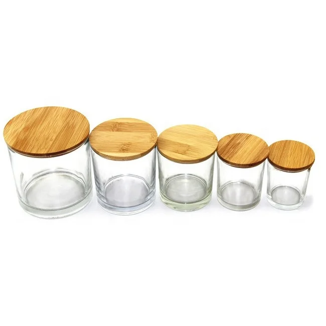 Hot Sale Luxury Empty Unique Scented Candle Container Clear Cylinder Glass Jar with Wooden
