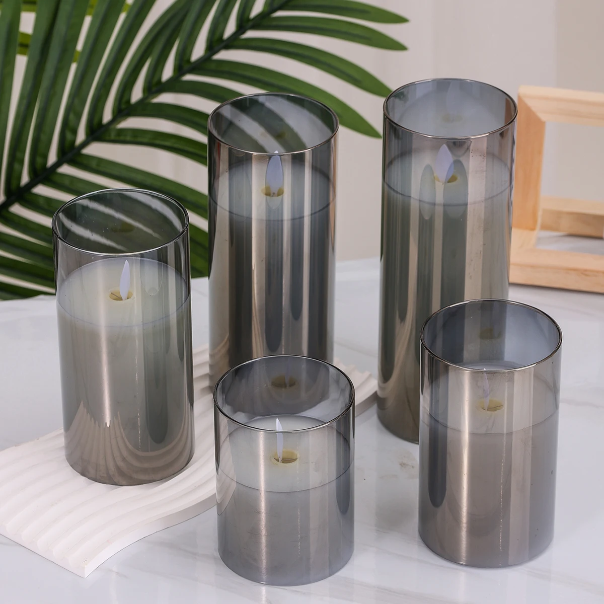 Grey Glass Real Wax  Flameless Led Candle Lights Lamp Electroplated gray  High Quality  Flameless D7.5*H10/12.5/15/17.5/20cm