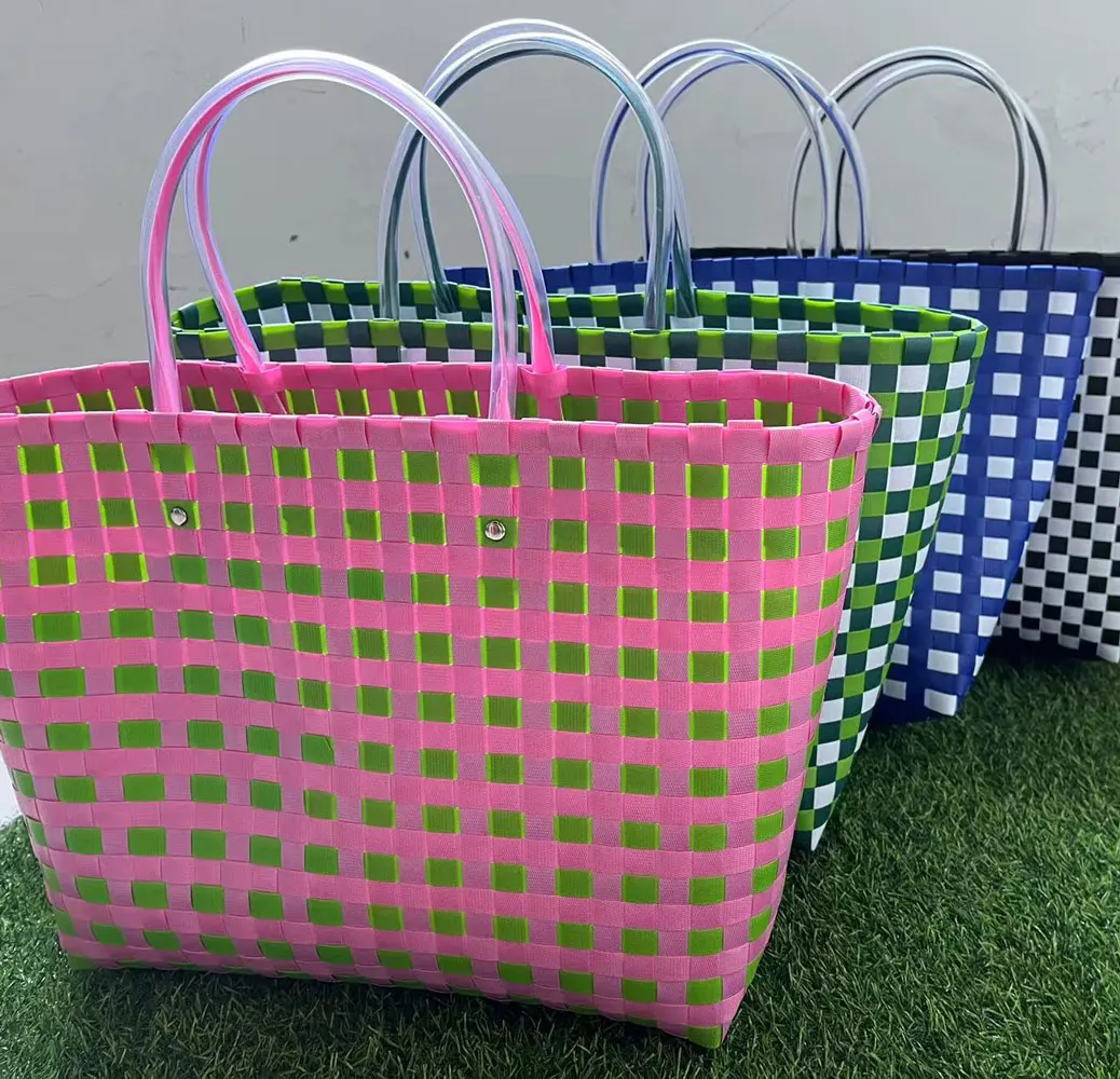 Большая вместимость богемная Летняя Пляжная сумка ручной работы из натурального пластика с ручкой Женская пластиковая корзина сумка-тоут