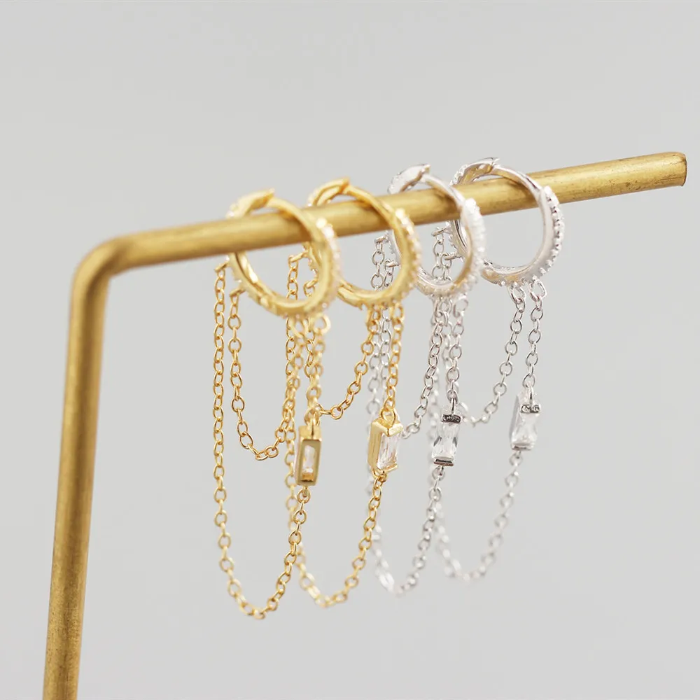 Korea Fashion 18K Gold Plated Crystal Link Small Huggie Hoop Cz Charm 925 Silver Jewelry Tassel Chain crystal hoop Earrings gift