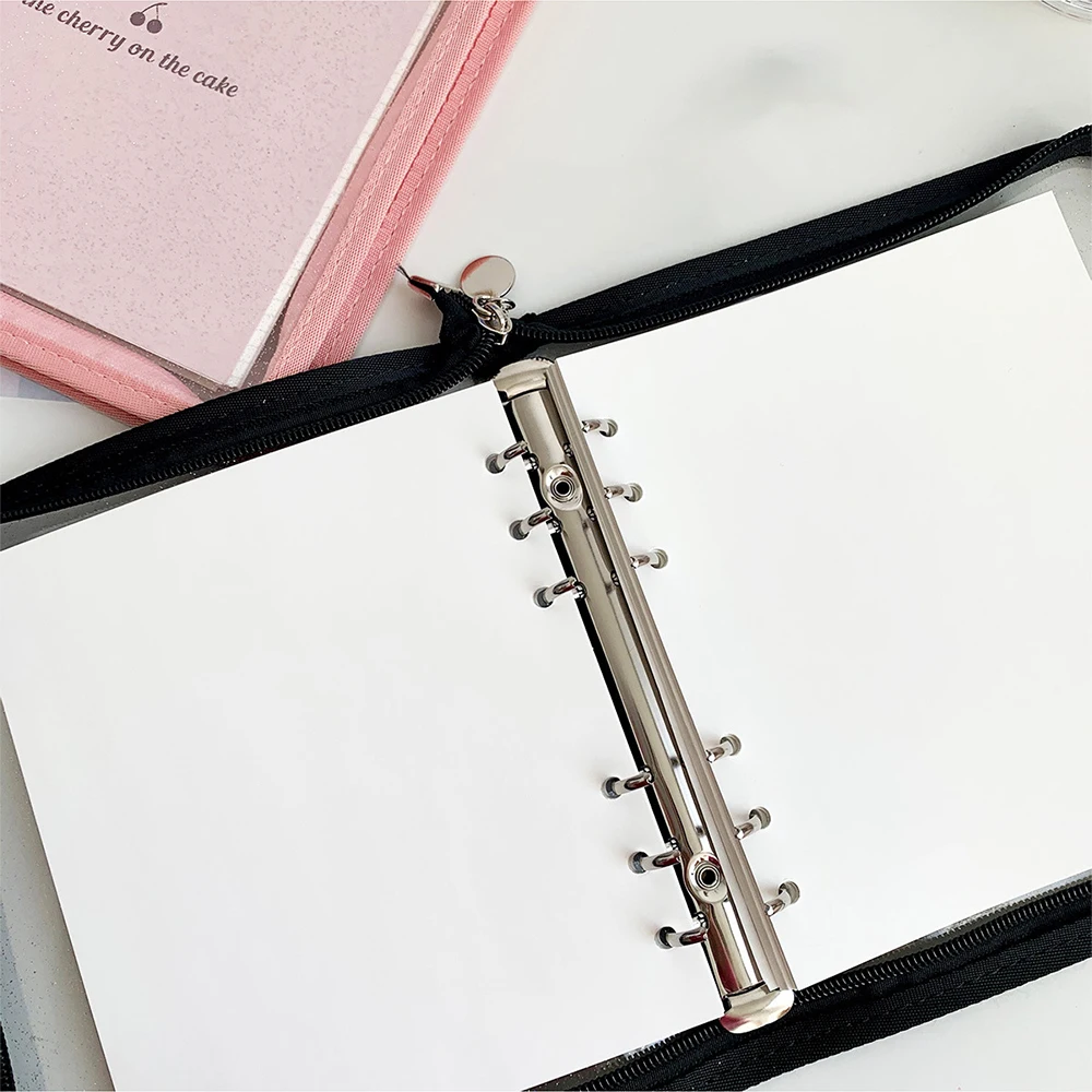 Glitter Shiny Cover PVC Transparent Zipper Binder 6 Ring Loose Leaf Notebook with 80 Sheets Inner Pages