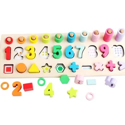 May Promotion 3 in 1 Number Shape Matching Puzzles Toddler Teaching Aids Wooden Building Blocks Educational Toys