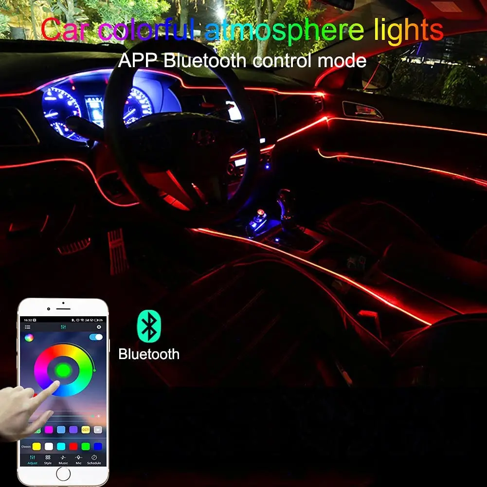 
RGB Car LED Interior Strip Lights Sound Active Automobile Atmosphere Ambient Lighting Kit Wireless APP Control 
