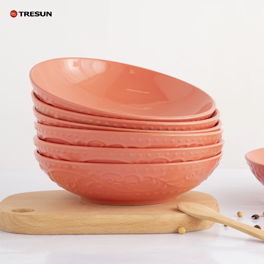 ceramic dishe chinese rice stoneware embossing breakable orange embossed 8 inch large cereal bowl set for kichen