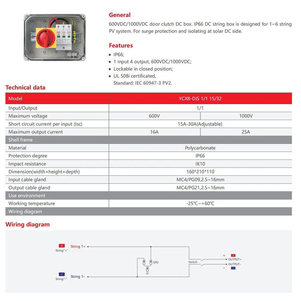 YCX8-DIS PV Switch Box Dc Solar Panel PV 6 String Solar Power System Connection Photovoltaic Combiner Box